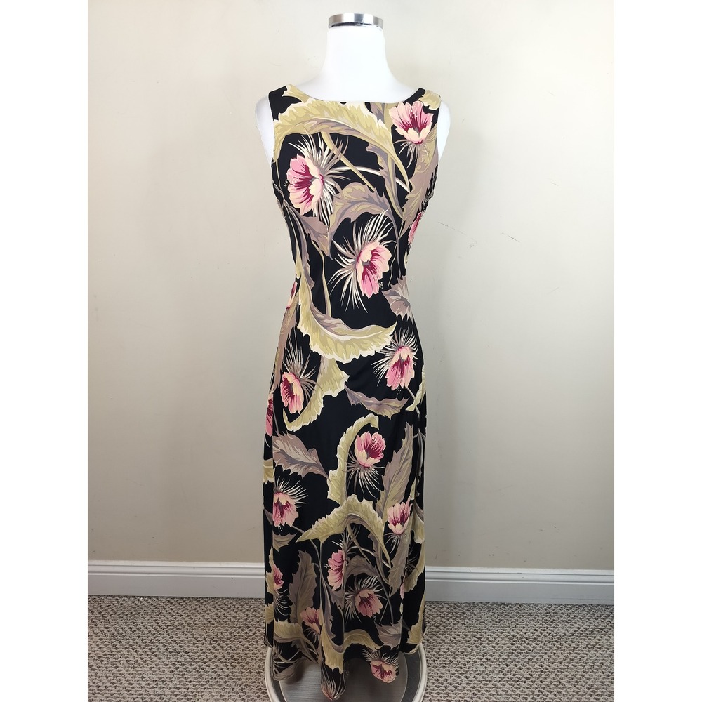 Casual Corner Vintage Floral Maxi Dress 10 Tie Back Sleeveless Tropical Black